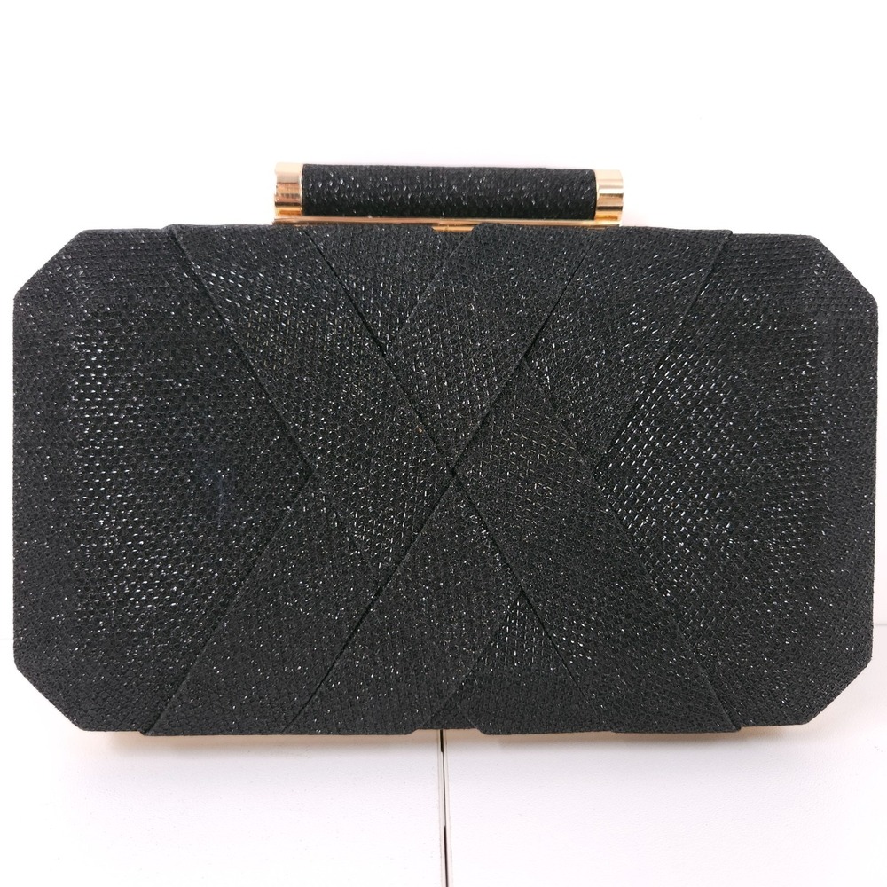 I.N.C Lindsayy XX Lurex Clutch Black Small Handbag Chain Hard Lock Rectangle Bag